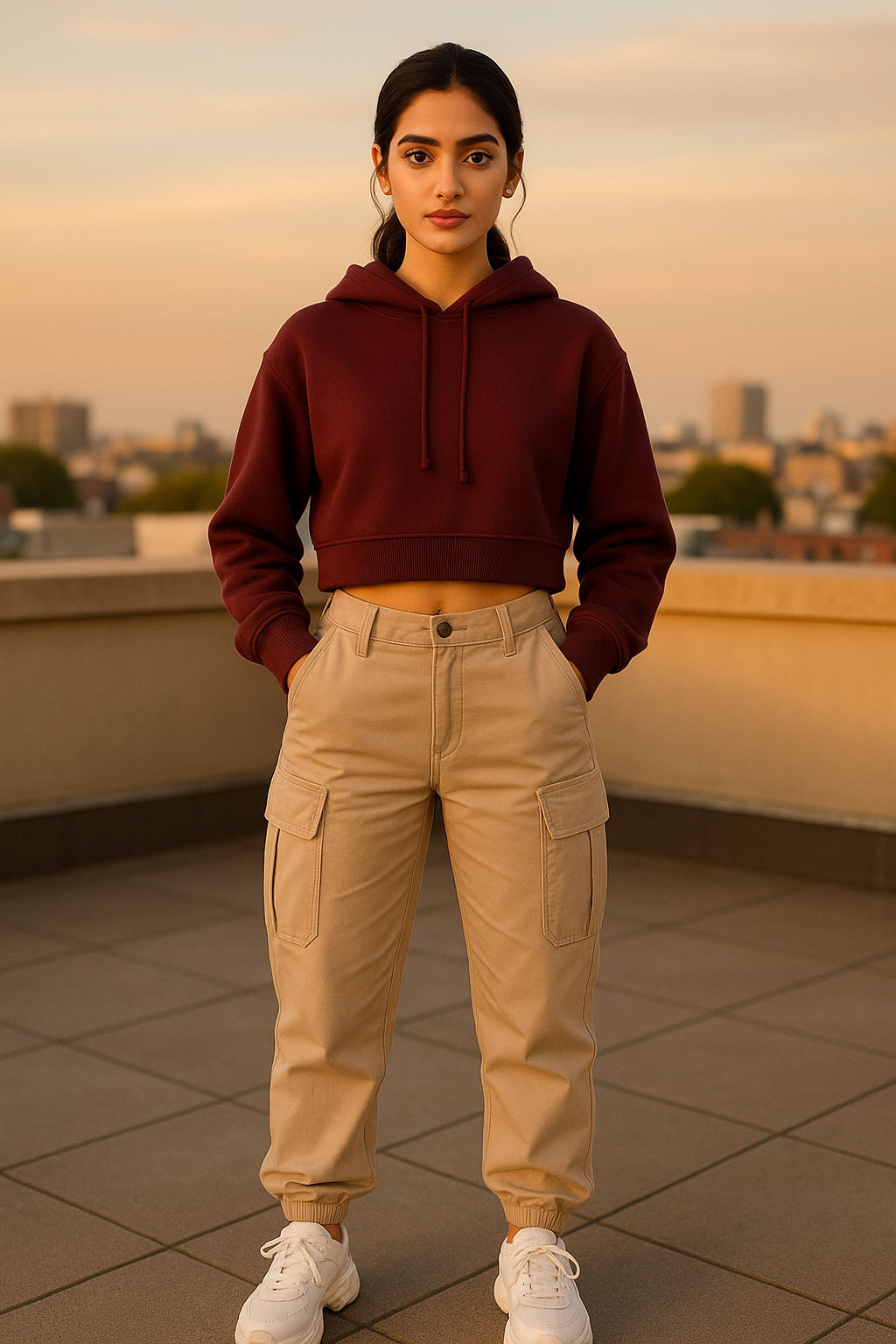 Person wearing a maroon hoodie and beige cargo pants on a rooftop with a cityscape in the background.