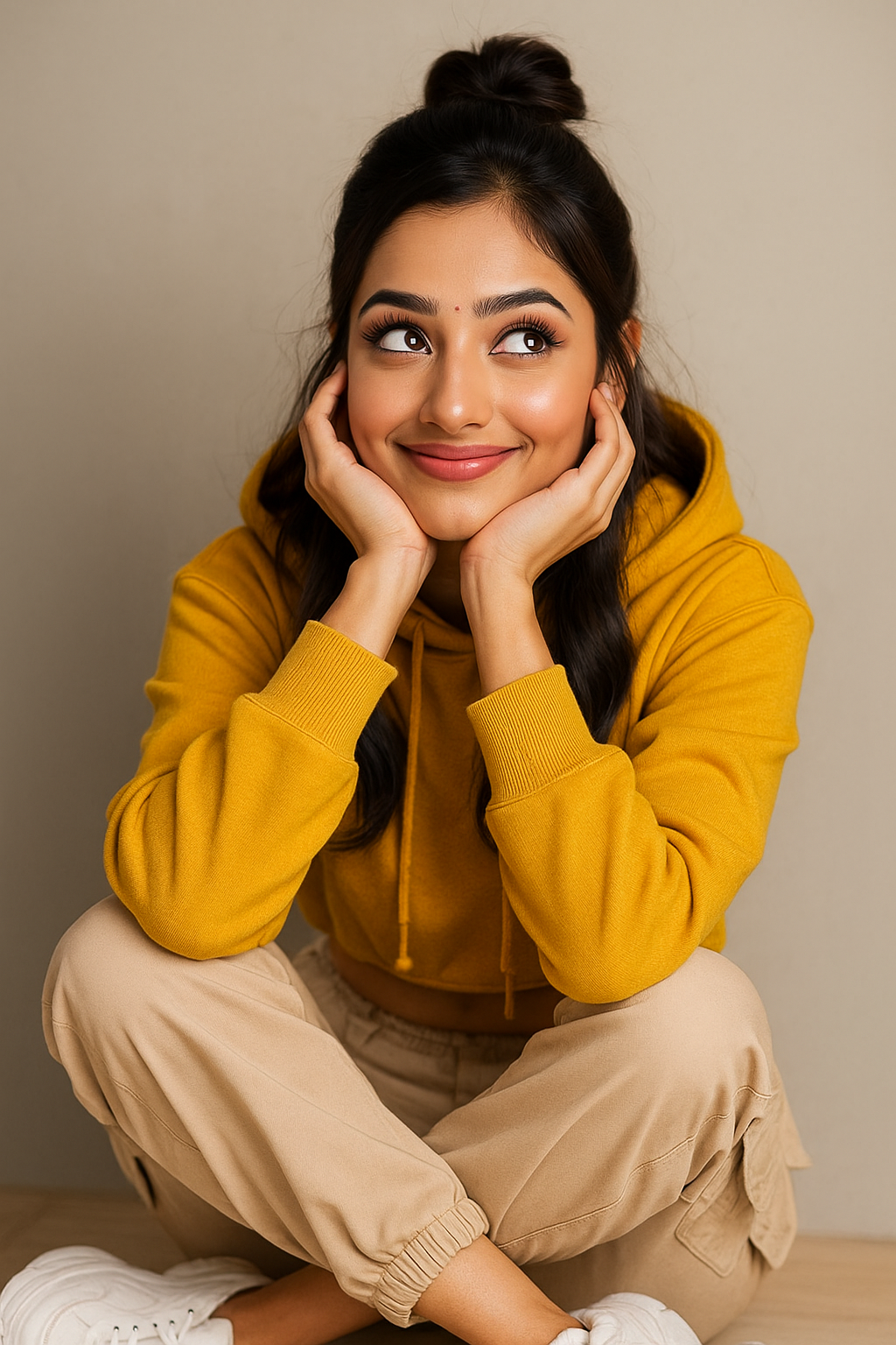 Woman wearing a mustard yellow hoodie and beige pants sitting on the floor with a neutral background