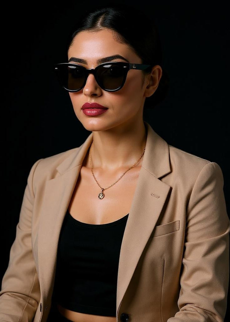 Woman wearing a beige blazer and sunglasses against a black background