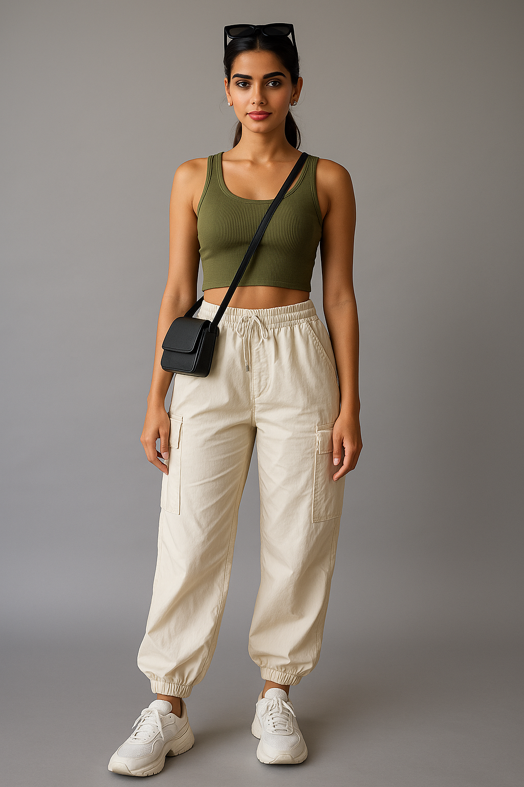 Woman wearing a green tank top and beige pants with a black bag against a gray background