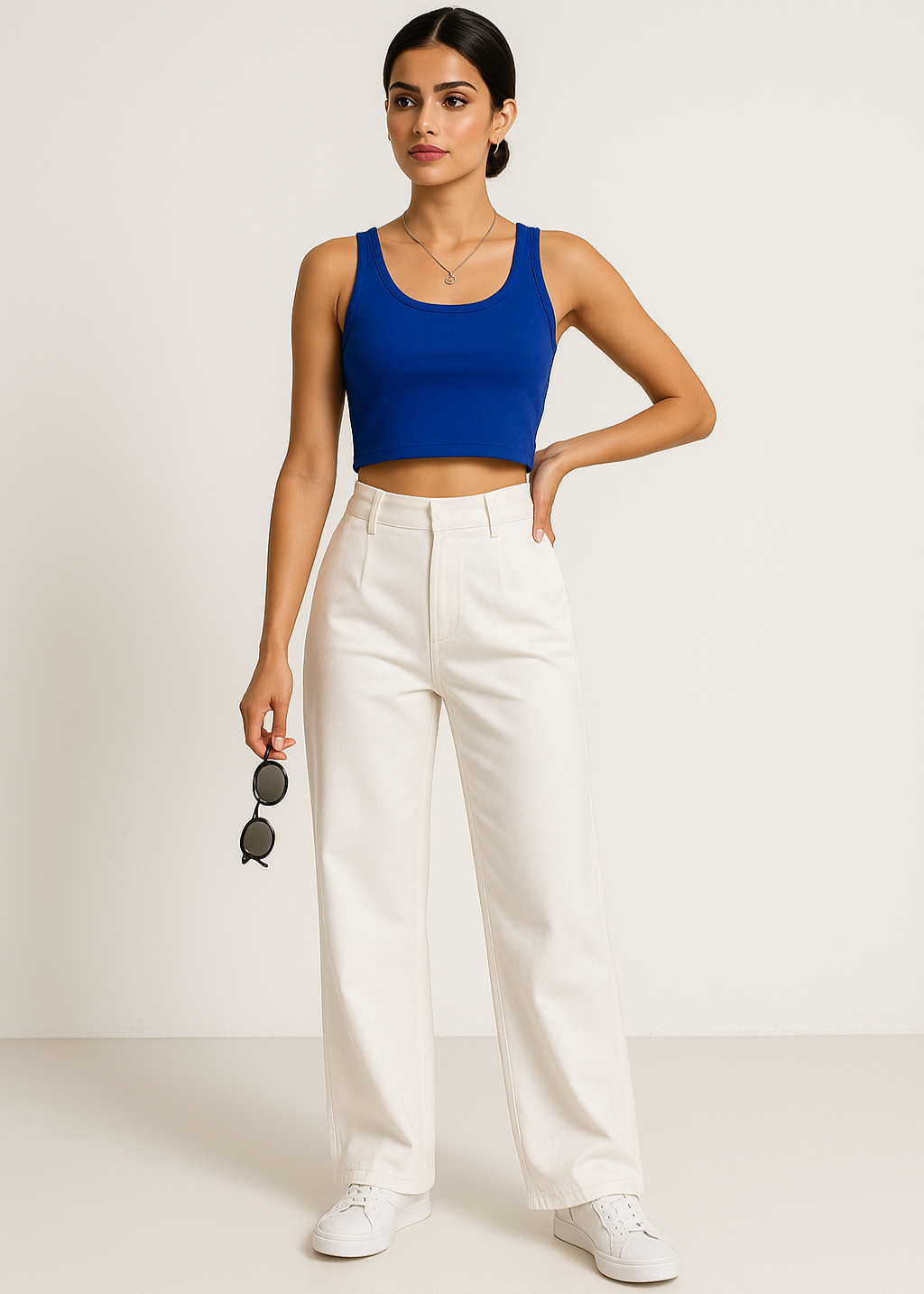 Woman wearing a blue top and white pants against a plain background