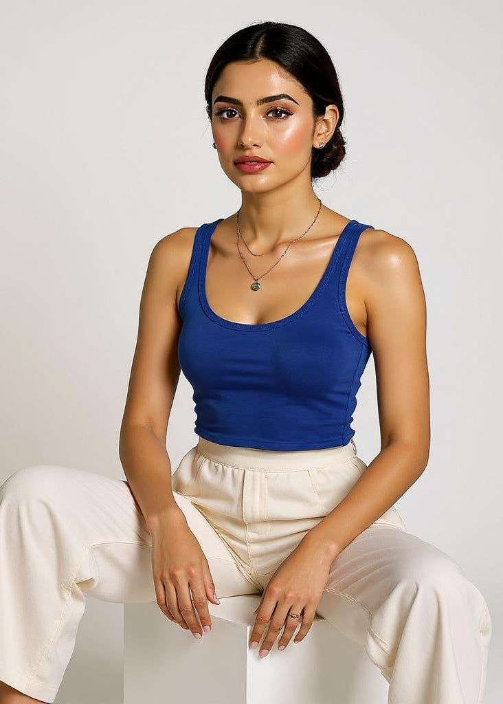 Woman wearing a blue tank top and white pants against a plain background