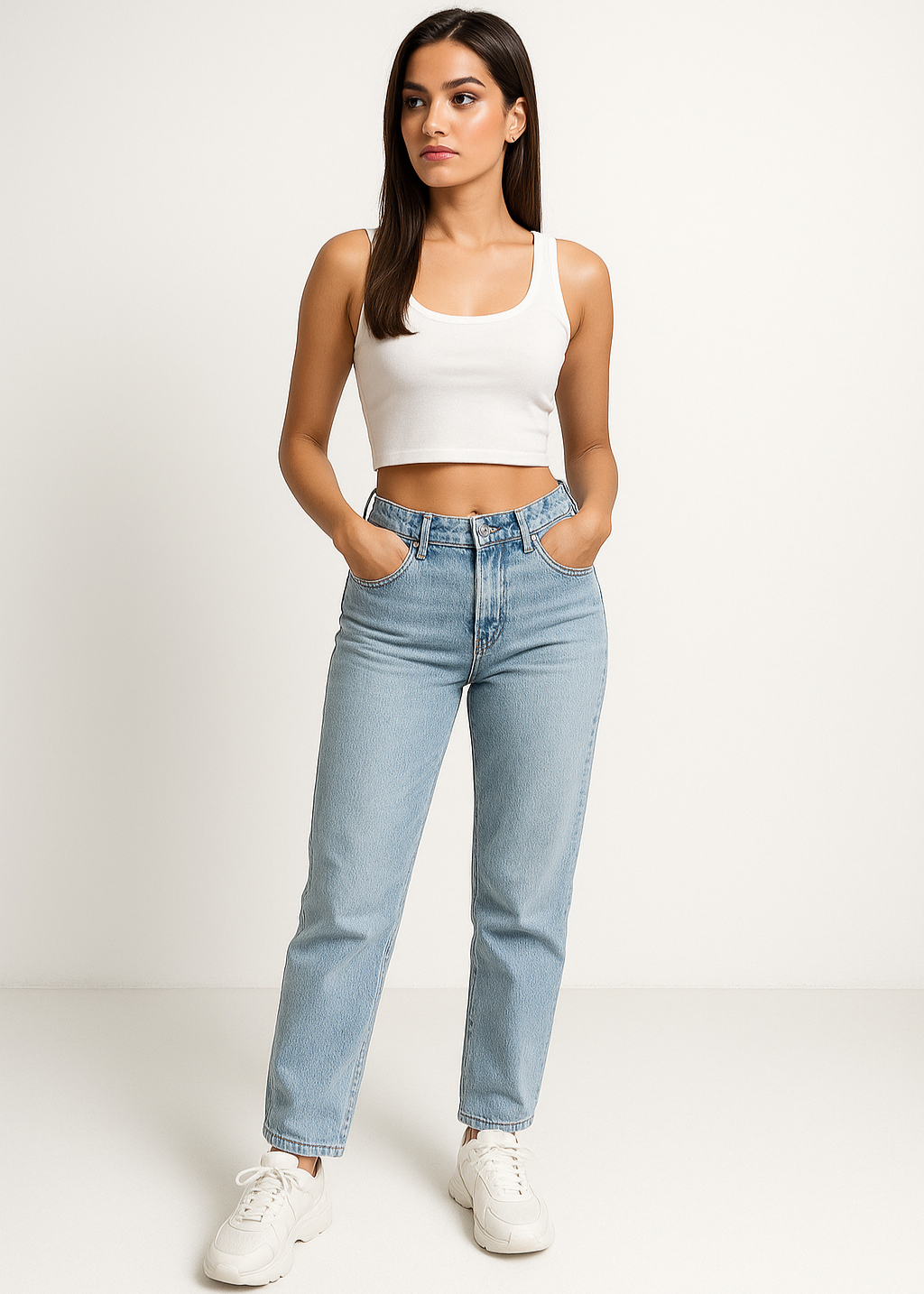 Woman wearing a white tank top and light blue jeans on a white background