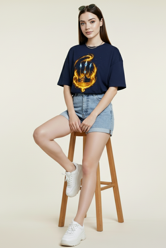 Woman wearing a navy blue t-shirt with a graphic design, denim shorts, and white sneakers on a beige background.