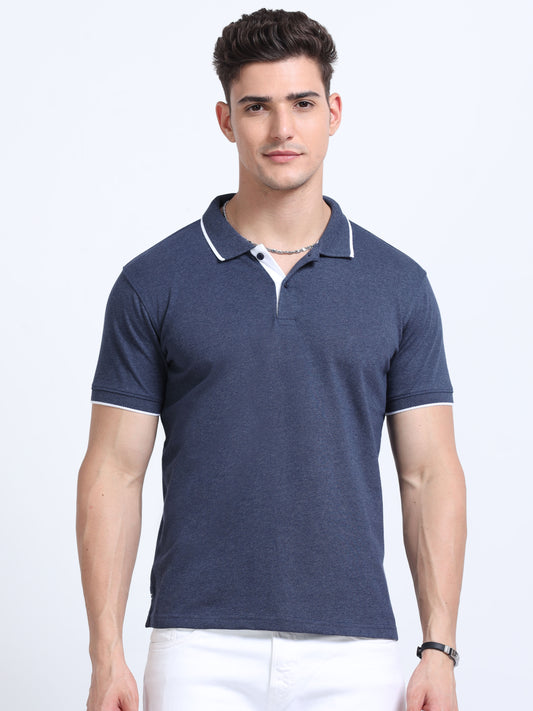 Navy Eco blend Premium Quality Polo Regular Fit Solid T-shirt For Men