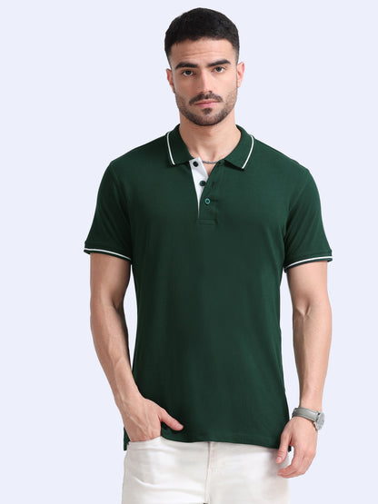 Bottle Green Premium Cotton Polo Regular Fit Solid T-shirt For Men