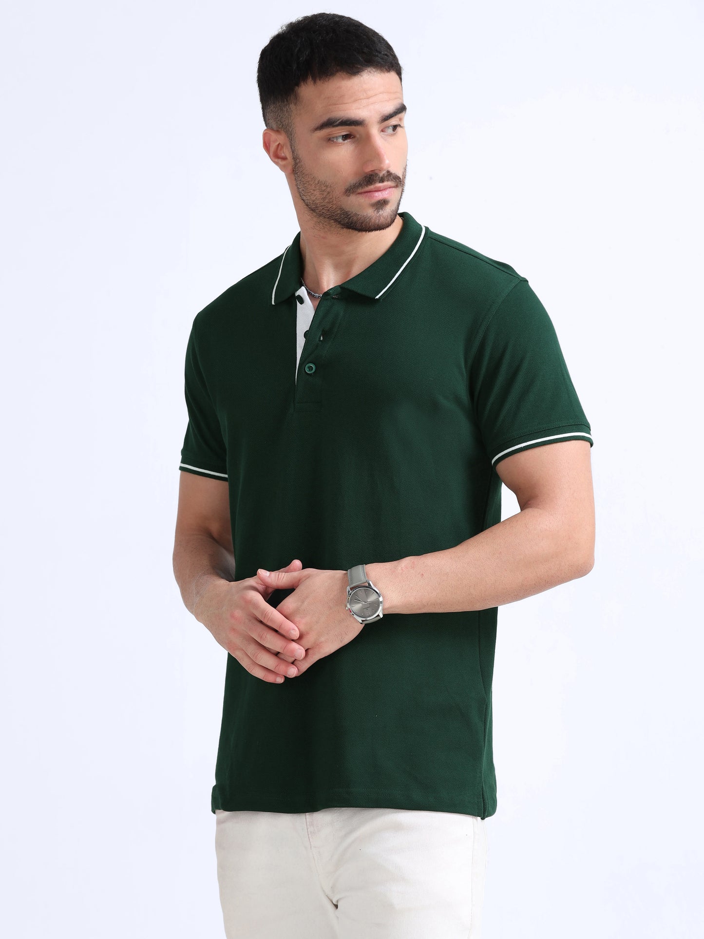 Bottle Green Premium Cotton Polo Regular Fit Solid T-shirt For Men