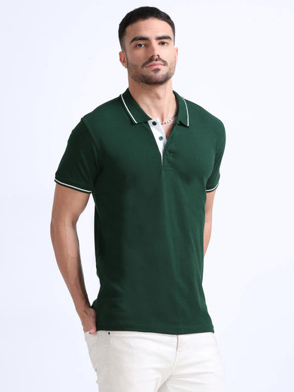 Bottle Green Premium Cotton Polo Regular Fit Solid T-shirt For Men