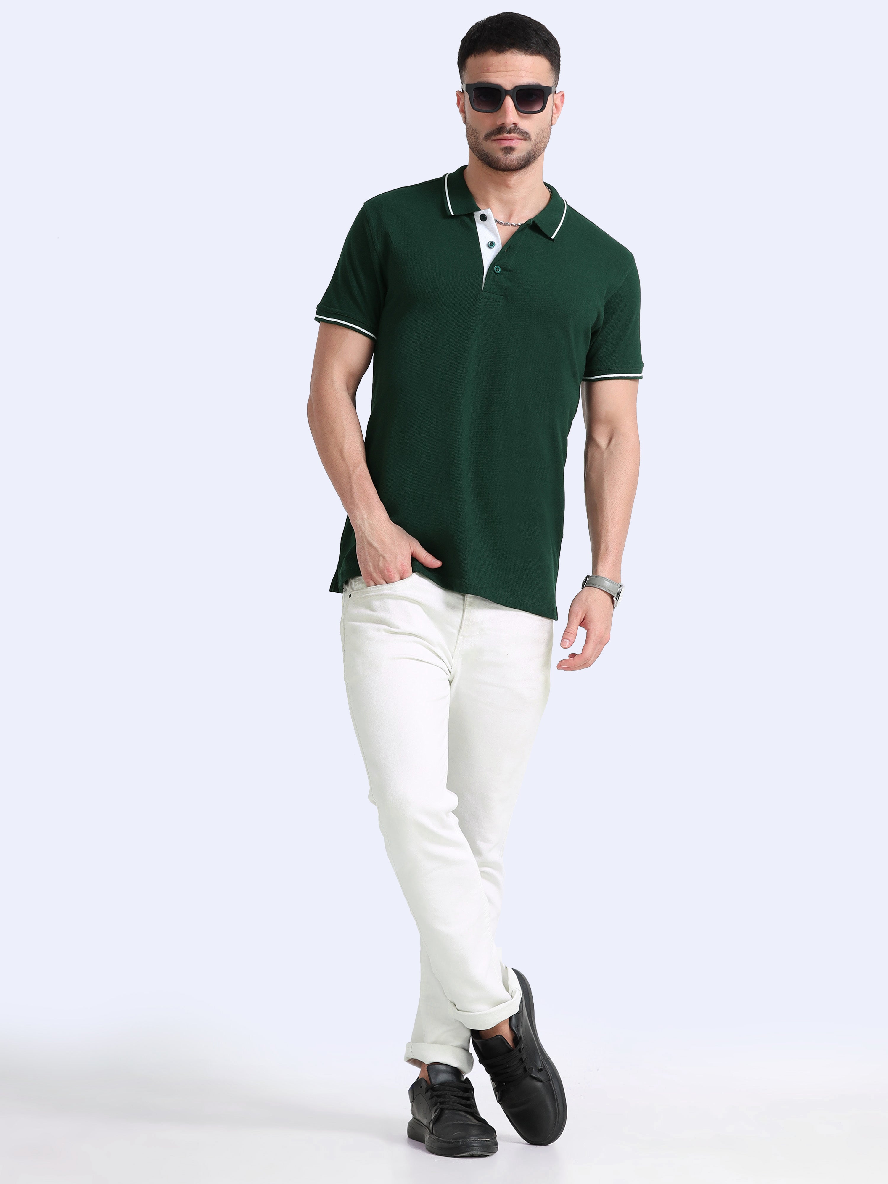 Premium Bottle Green Cotton Polo T-Shirt for Men | 100% Pure Cotton |