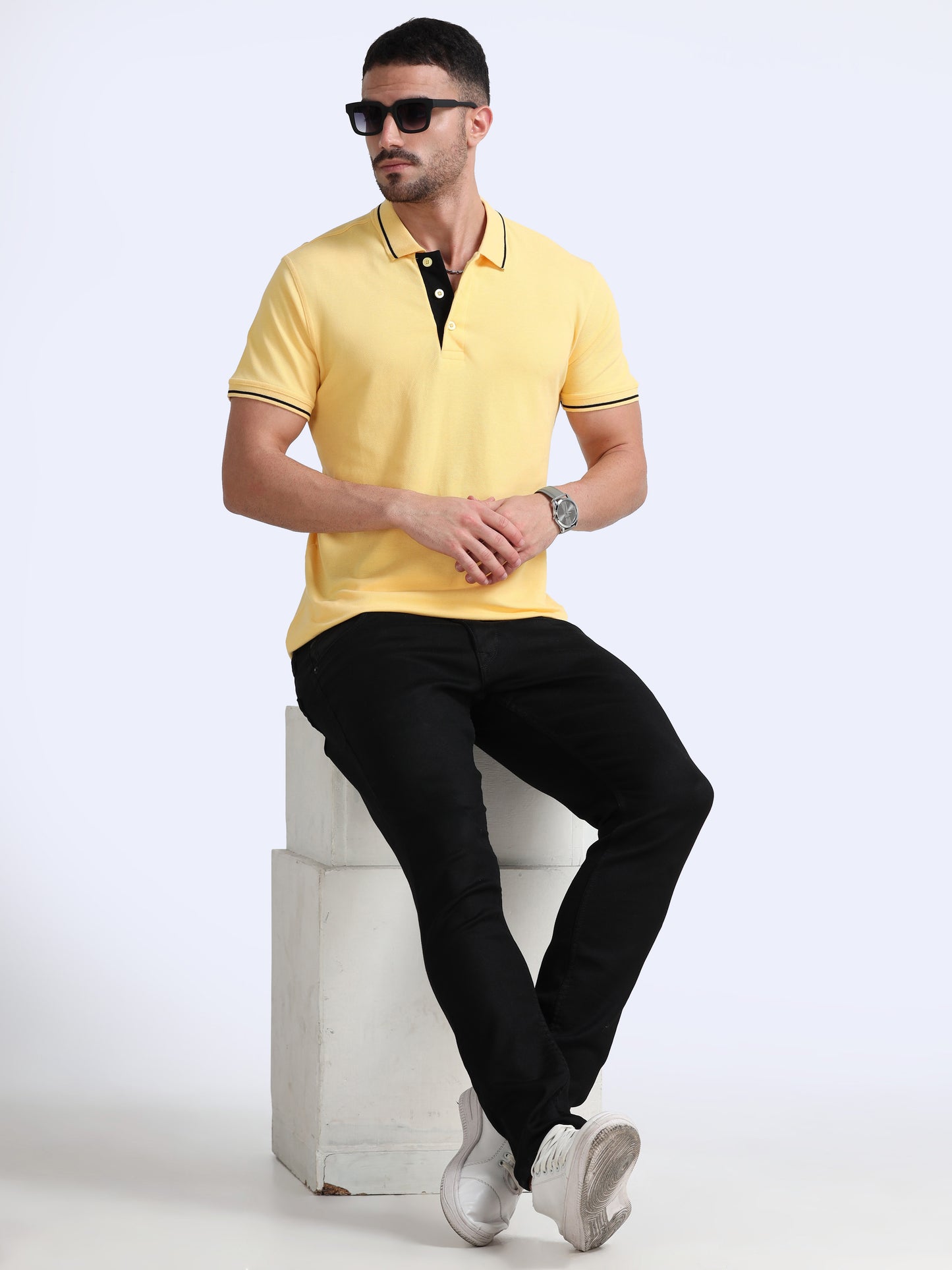 Yellow Premium Cotton Polo Regular Fit Solid T-shirt For Men