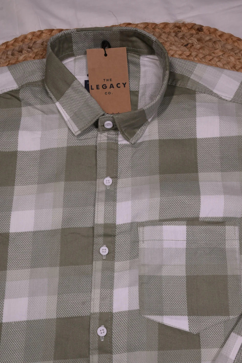 OLIVE GREEN CHECKS CODE COTTON SHIRT