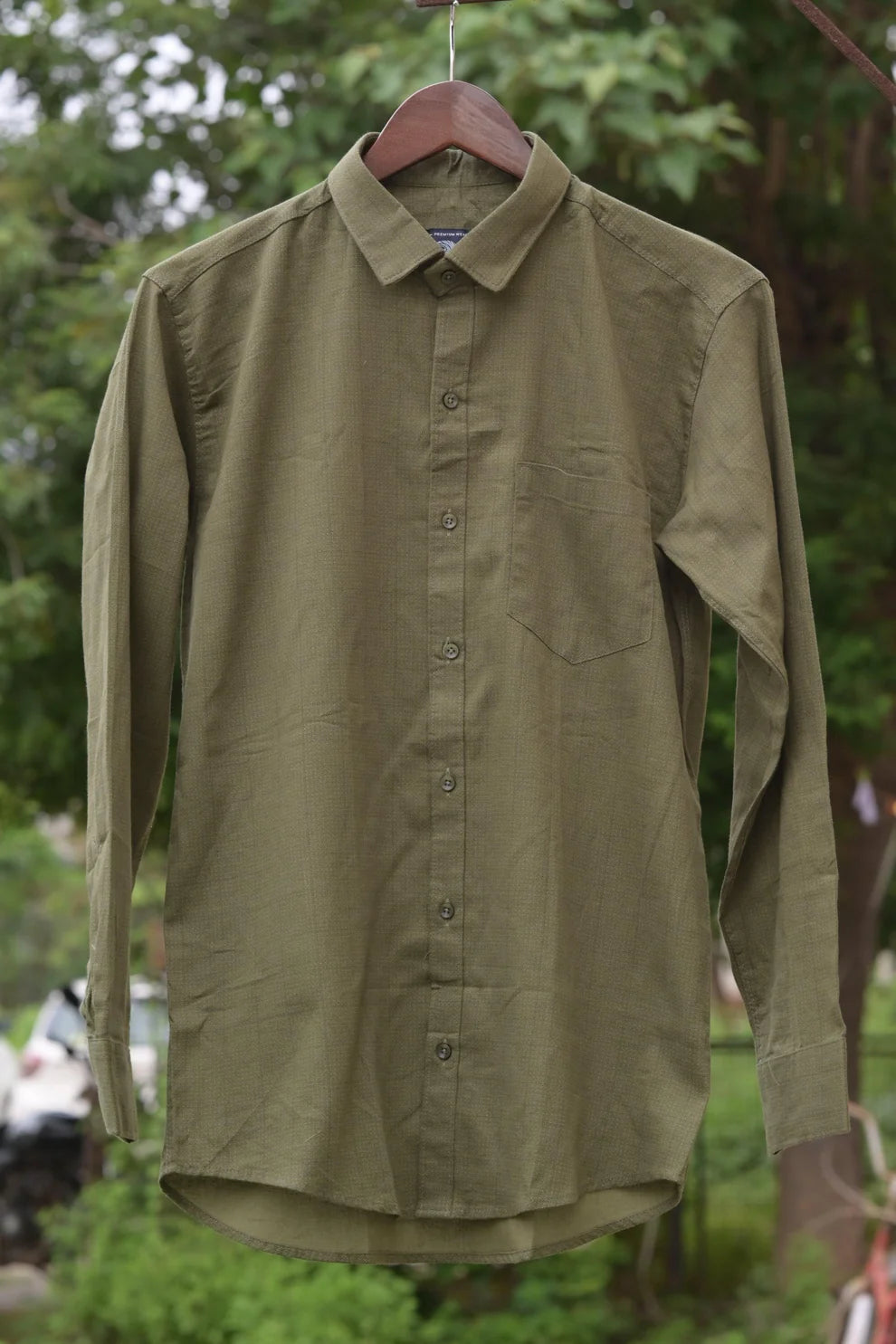 OLIVE GREEN COTTON SOLID SHIRTS FOR MEN