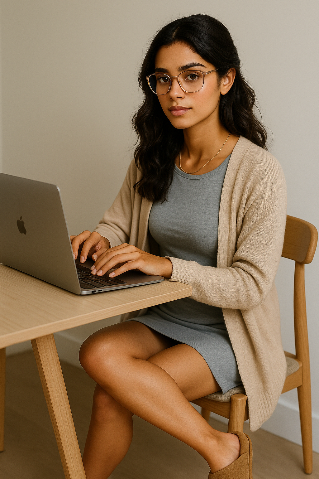Woman sitting at a desk with a laptop, wearing glasses and a beige cardigan over a gray dress.