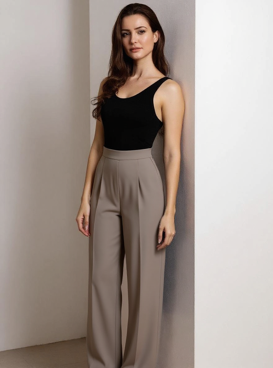 Woman wearing a black top and beige pants against a neutral background