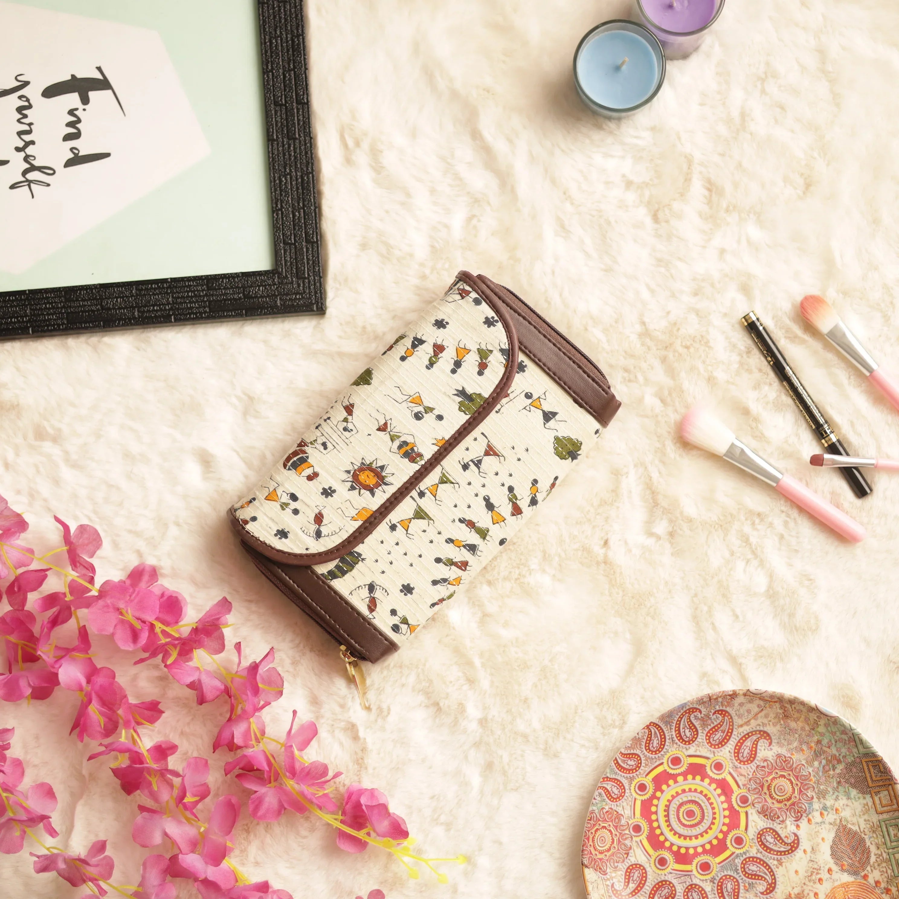 White Ikat Warli Art Printed Clutch