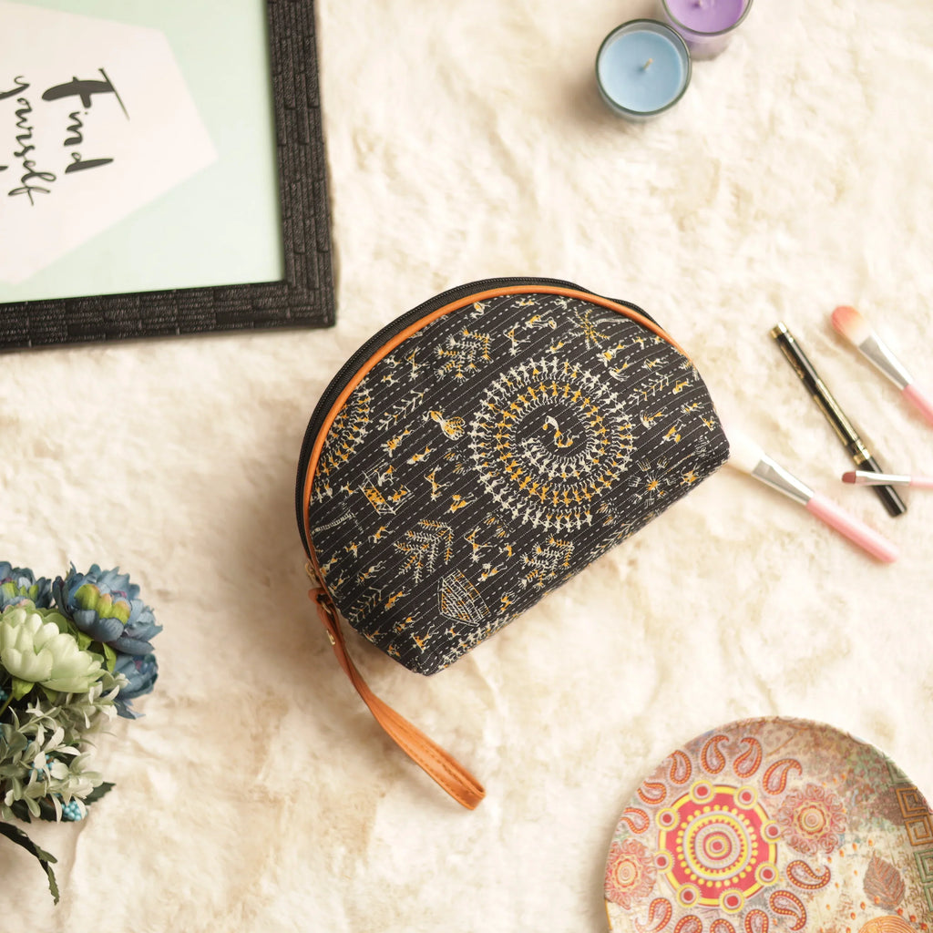 BLACK IKAT WARLI ART PRINTED WRISTLET BAG