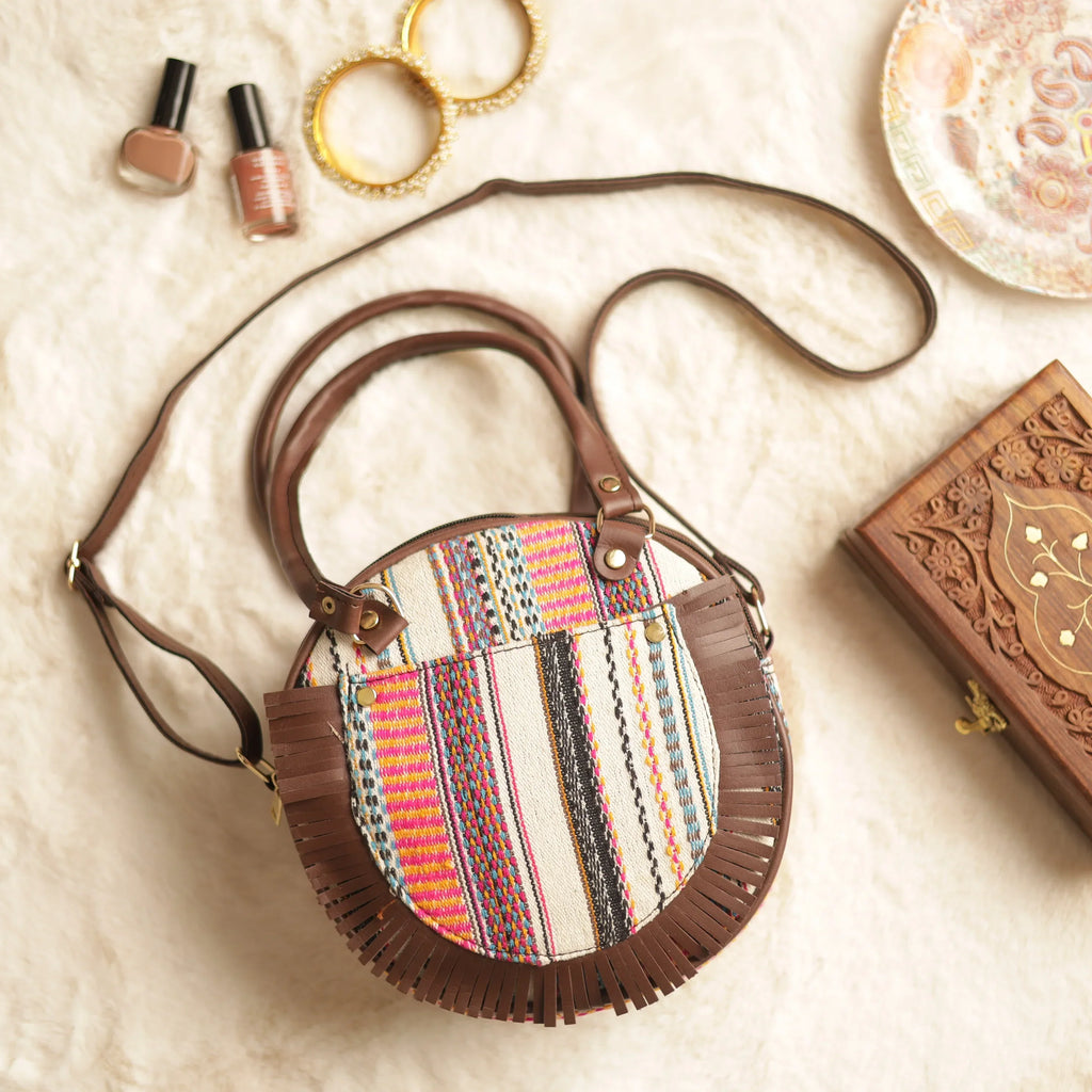 Jacquard Multicolor Strip Half Round Hand Bag