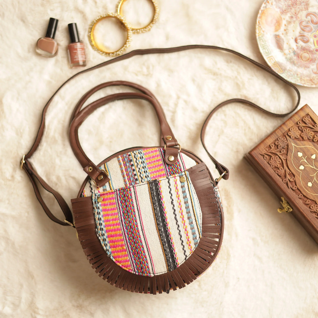 Jacquard Multicolor Strip Half Round Hand Bag