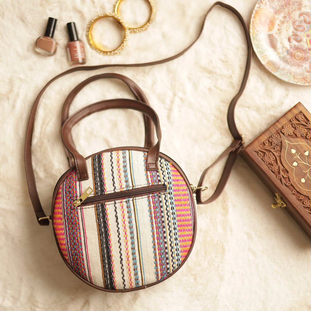 Jacquard Multicolor Strip Half Round Hand Bag