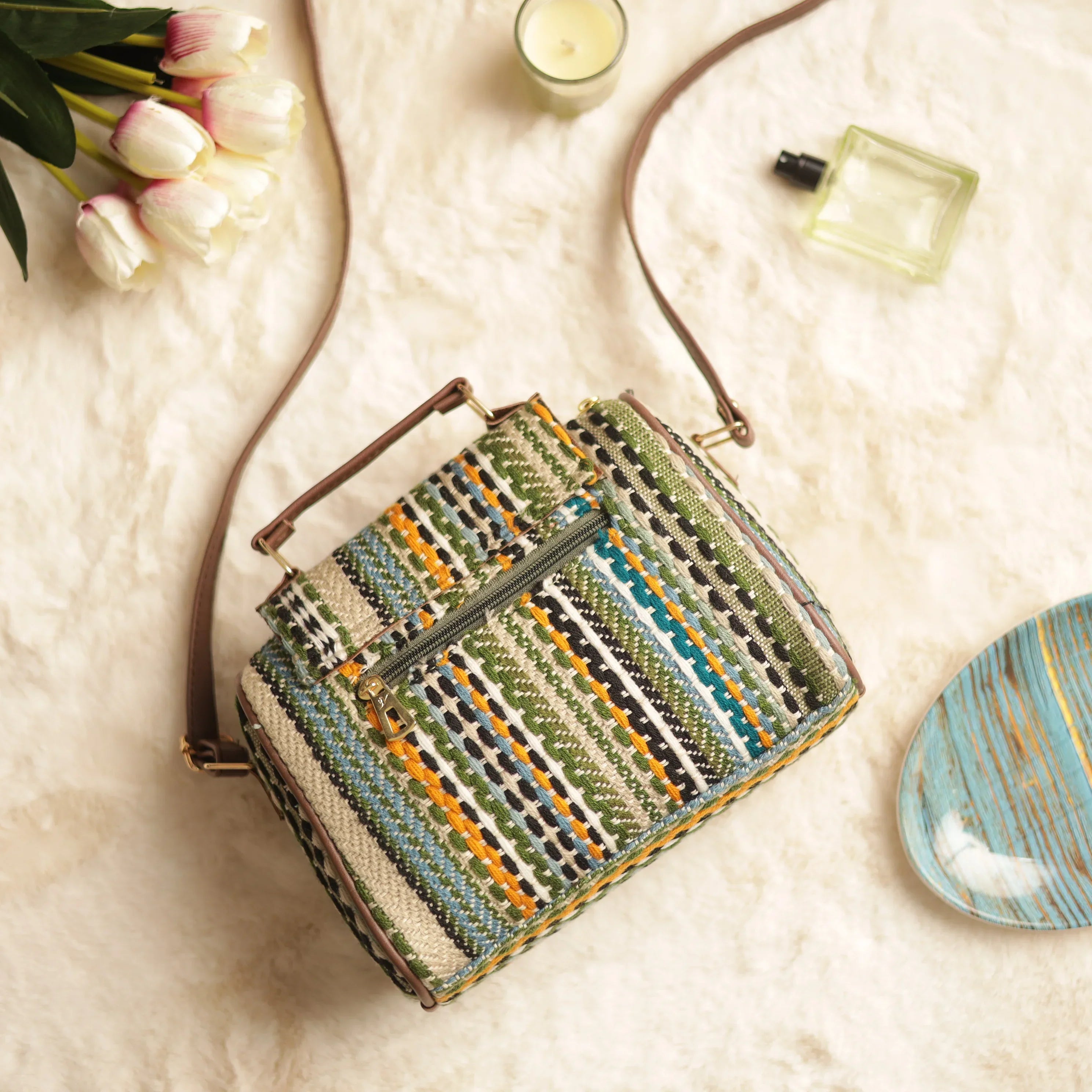 Green Jacquard Multicolor Strip Hand Bag