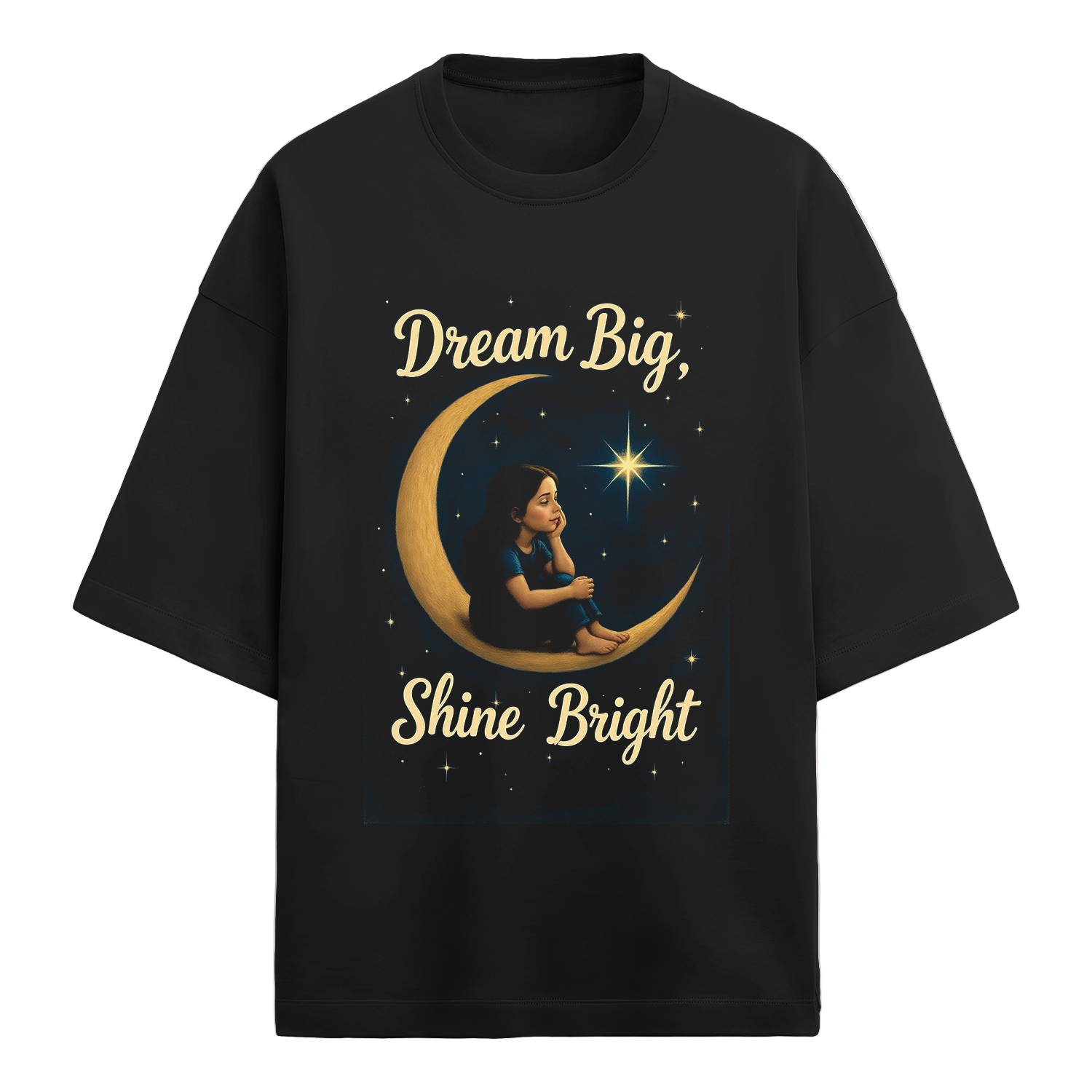 Black t-shirt with a graphic of a girl on a crescent moon and text 'Dream Big, Shine Bright' on a white background.