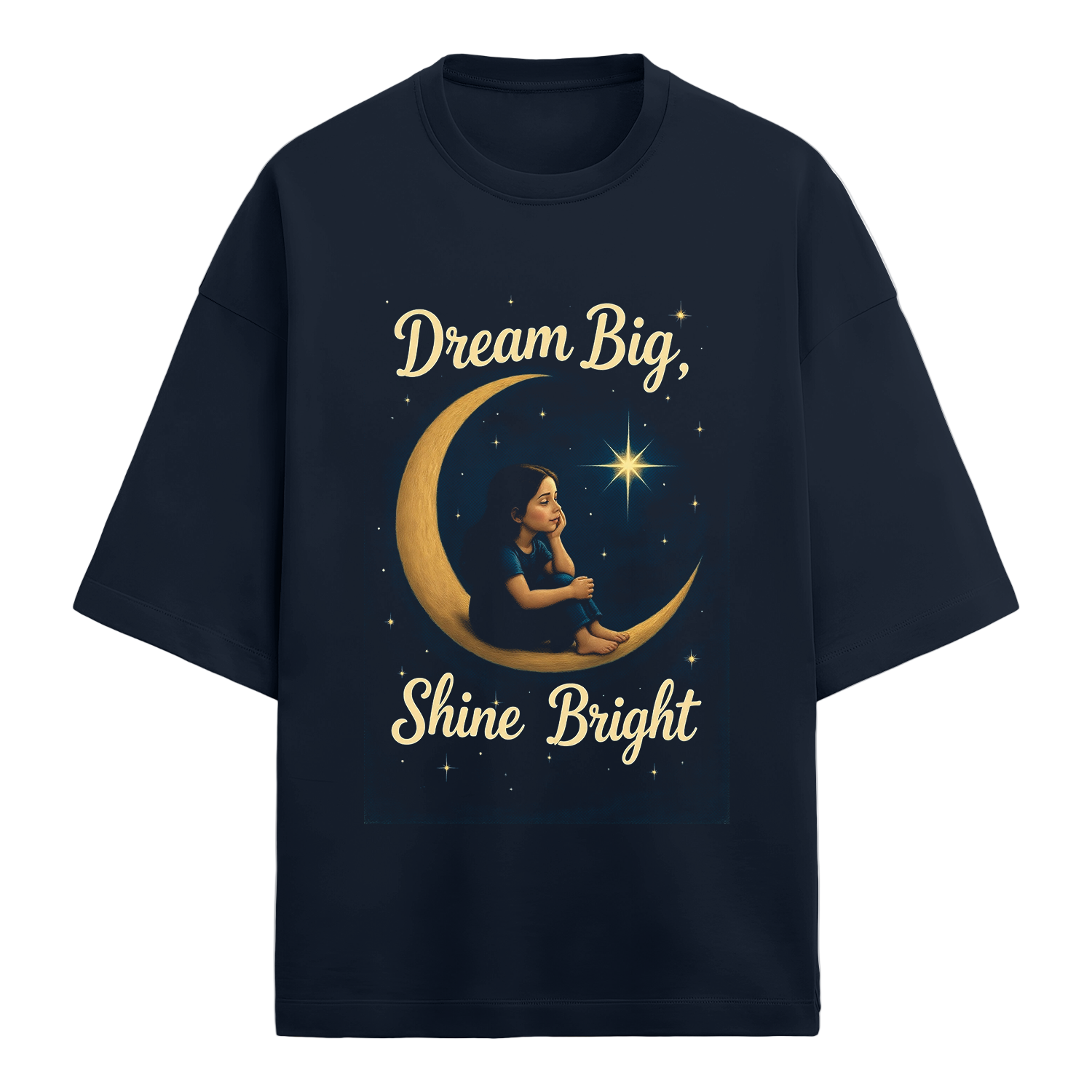 Black t-shirt with a graphic of a girl on a crescent moon and text 'Dream Big, Shine Bright' on a white background.