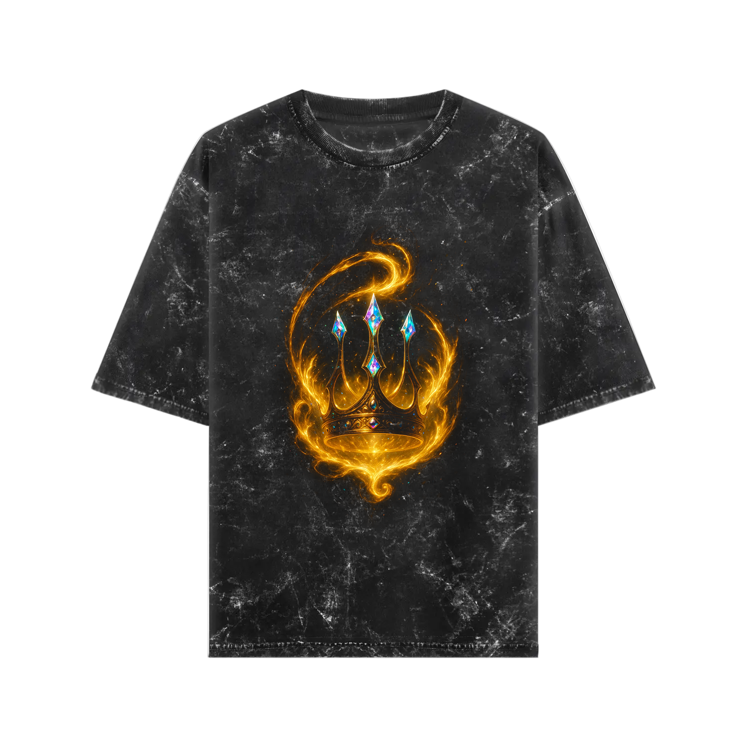 Black marble effect t-shirt with a fiery crown design on a white background