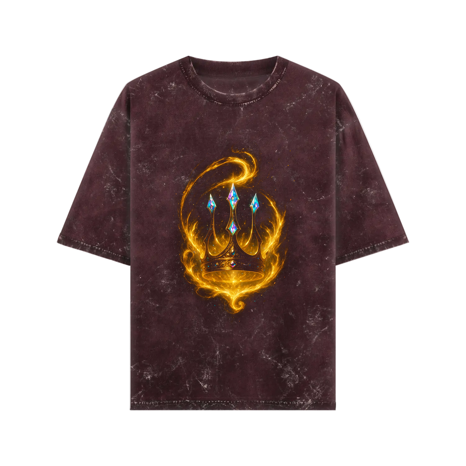 Maroon t-shirt with a gold and blue graphic design on a white background