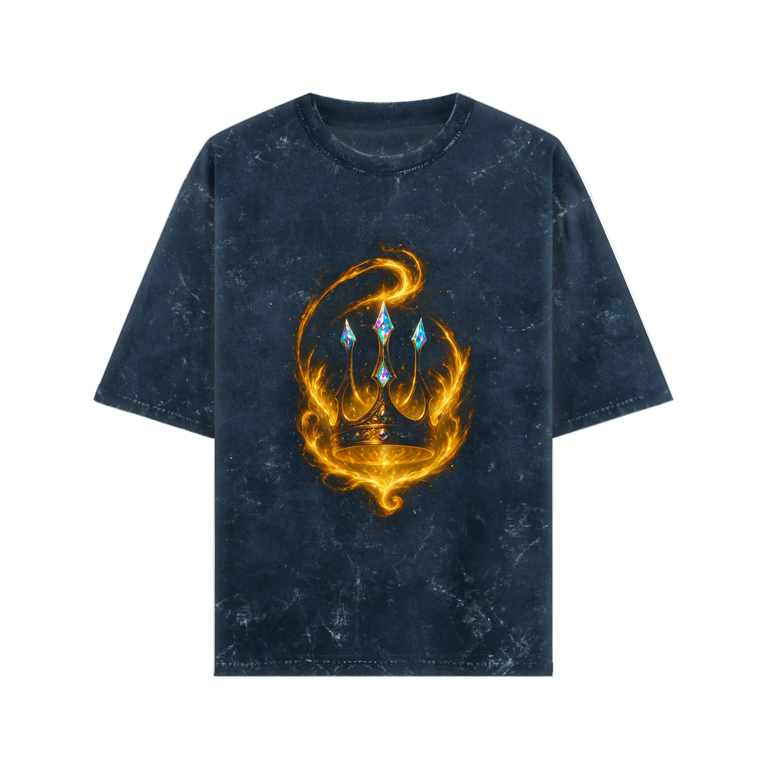 Black tie-dye t-shirt with a gold and blue graphic design on a white background