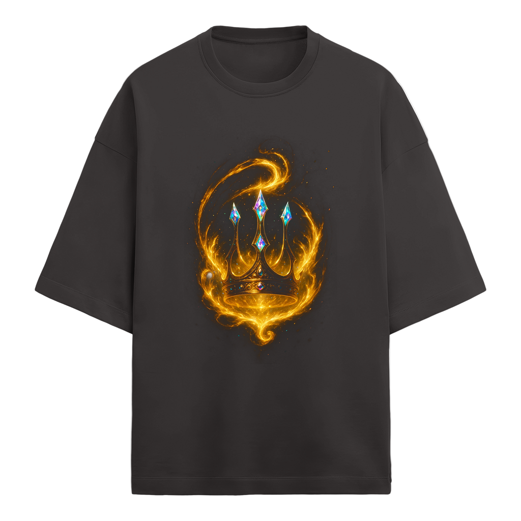 Black t-shirt with a colorful design on a white background