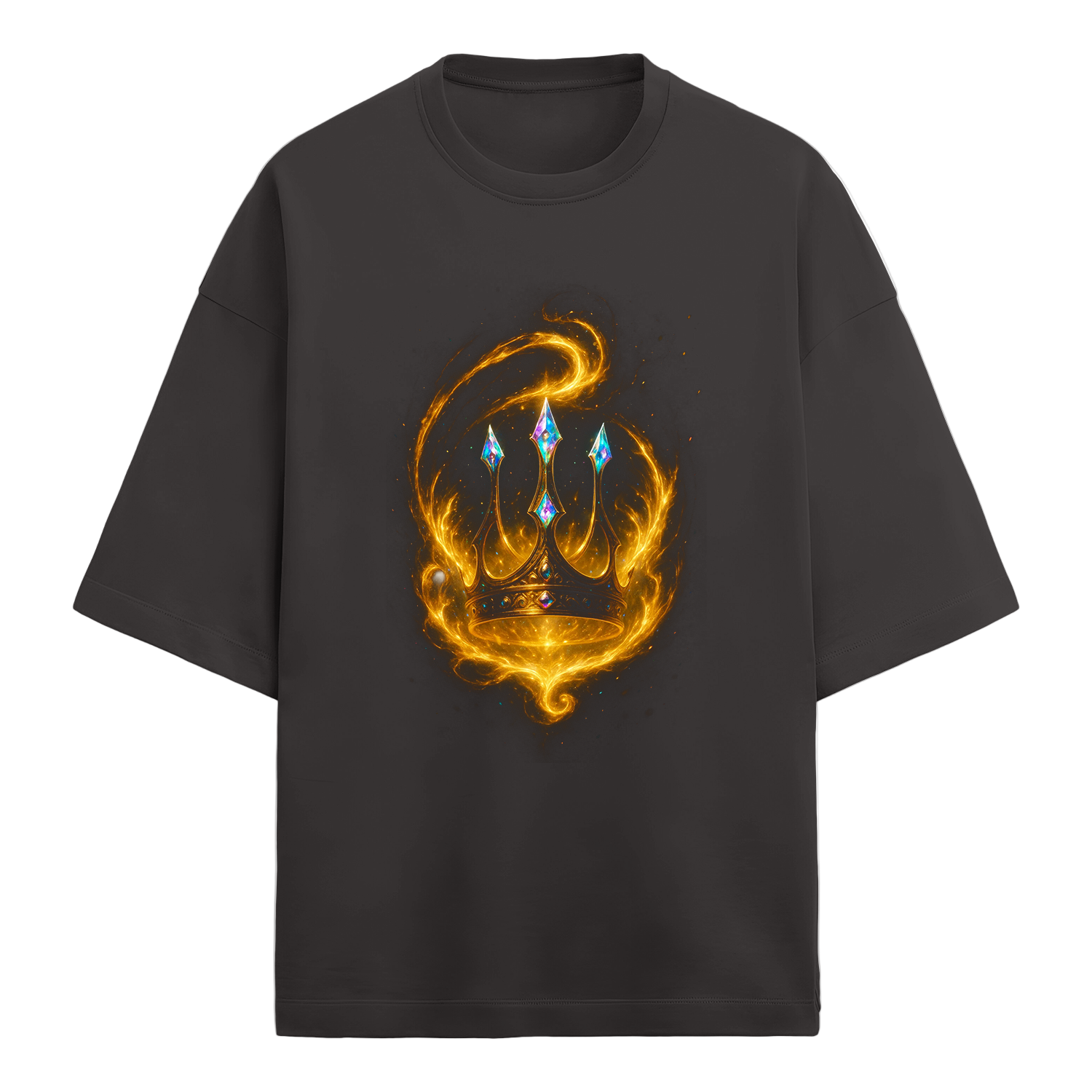 Black t-shirt with a colorful design on a white background