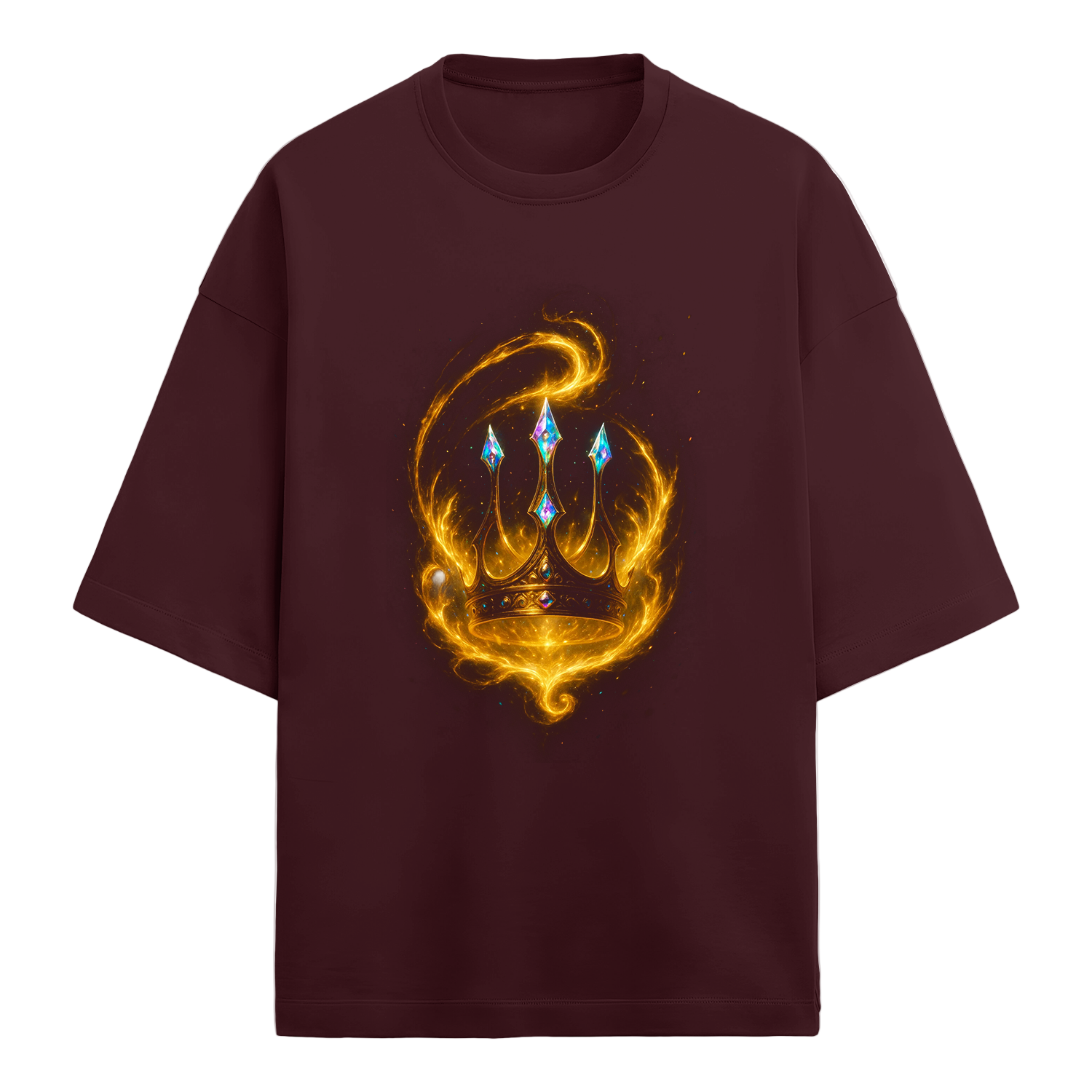 Maroon t-shirt with a colorful graphic design on a white background