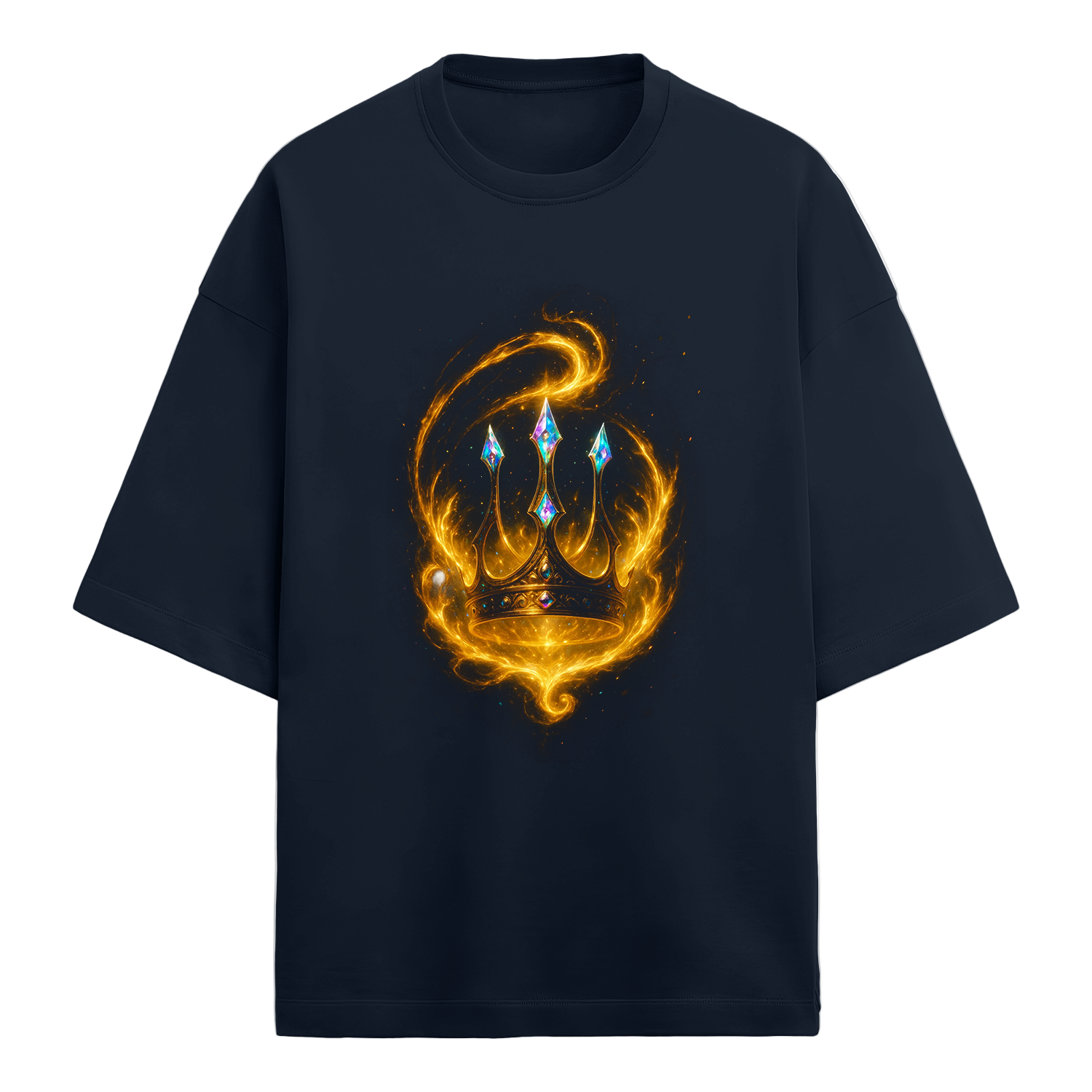 Black t-shirt with a colorful trident design on a white background