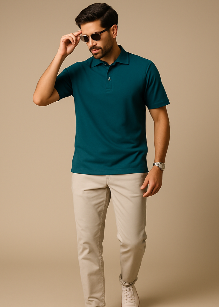 Petrol Blue Polo Full Body Pose 3