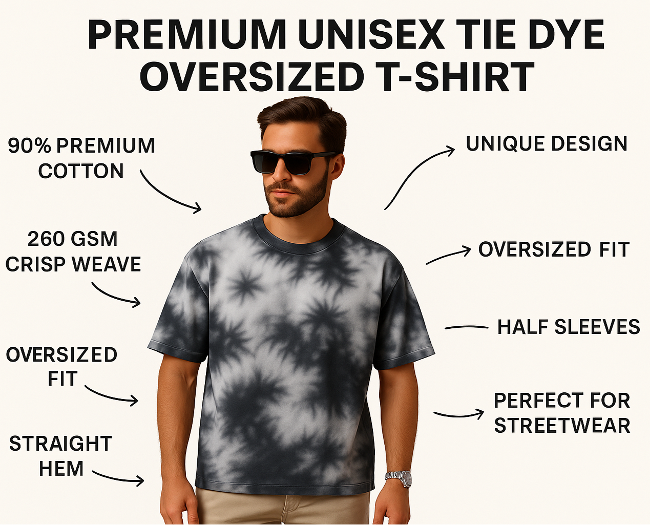 Premium Unisex Tie Dye Oversized T-Shirt with centered title and feature callouts