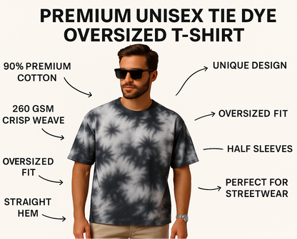 Premium Unisex Tie Dye Oversized T-Shirt with centered title and feature callouts