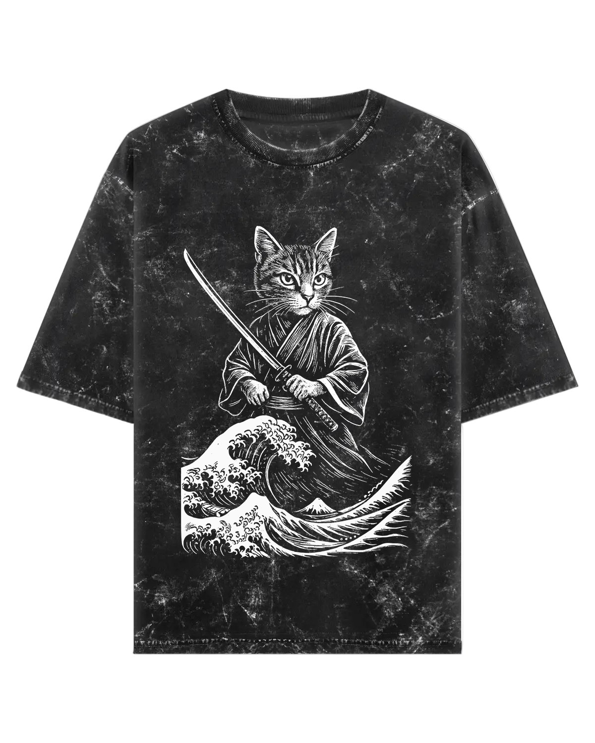 Black t-shirt with a graphic of a cat in a samurai outfit on a wave, on a white background