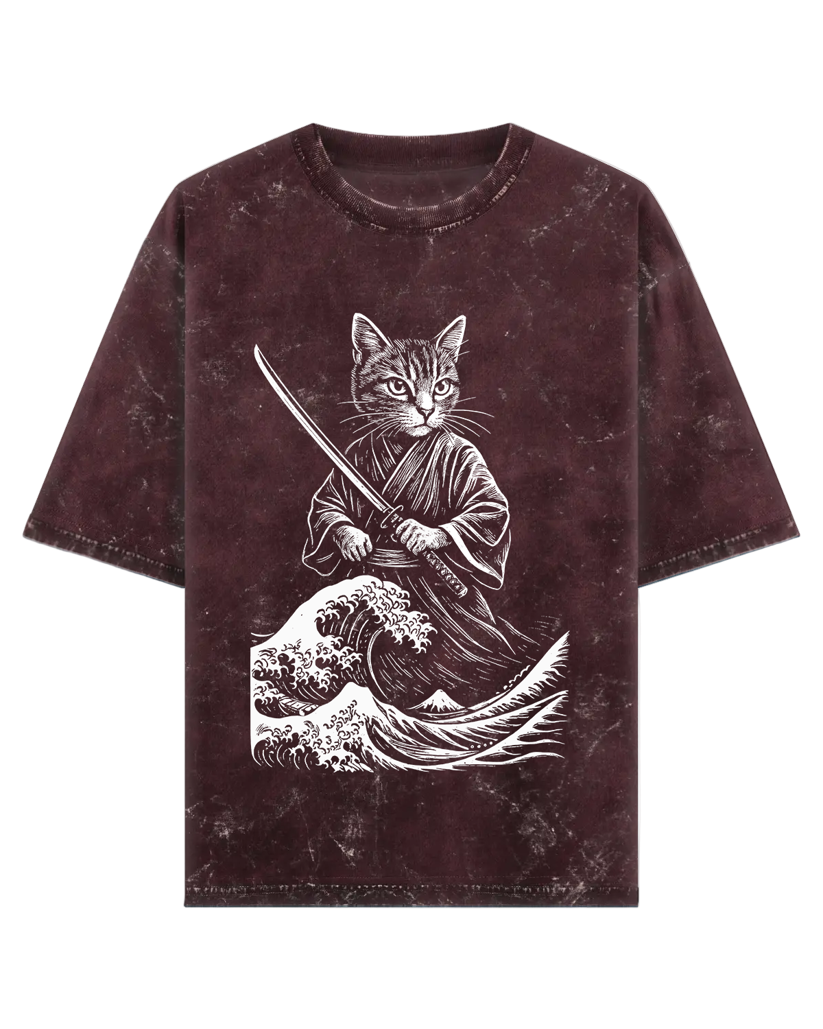 T-shirt with a cat in a samurai outfit and wave design on a white background