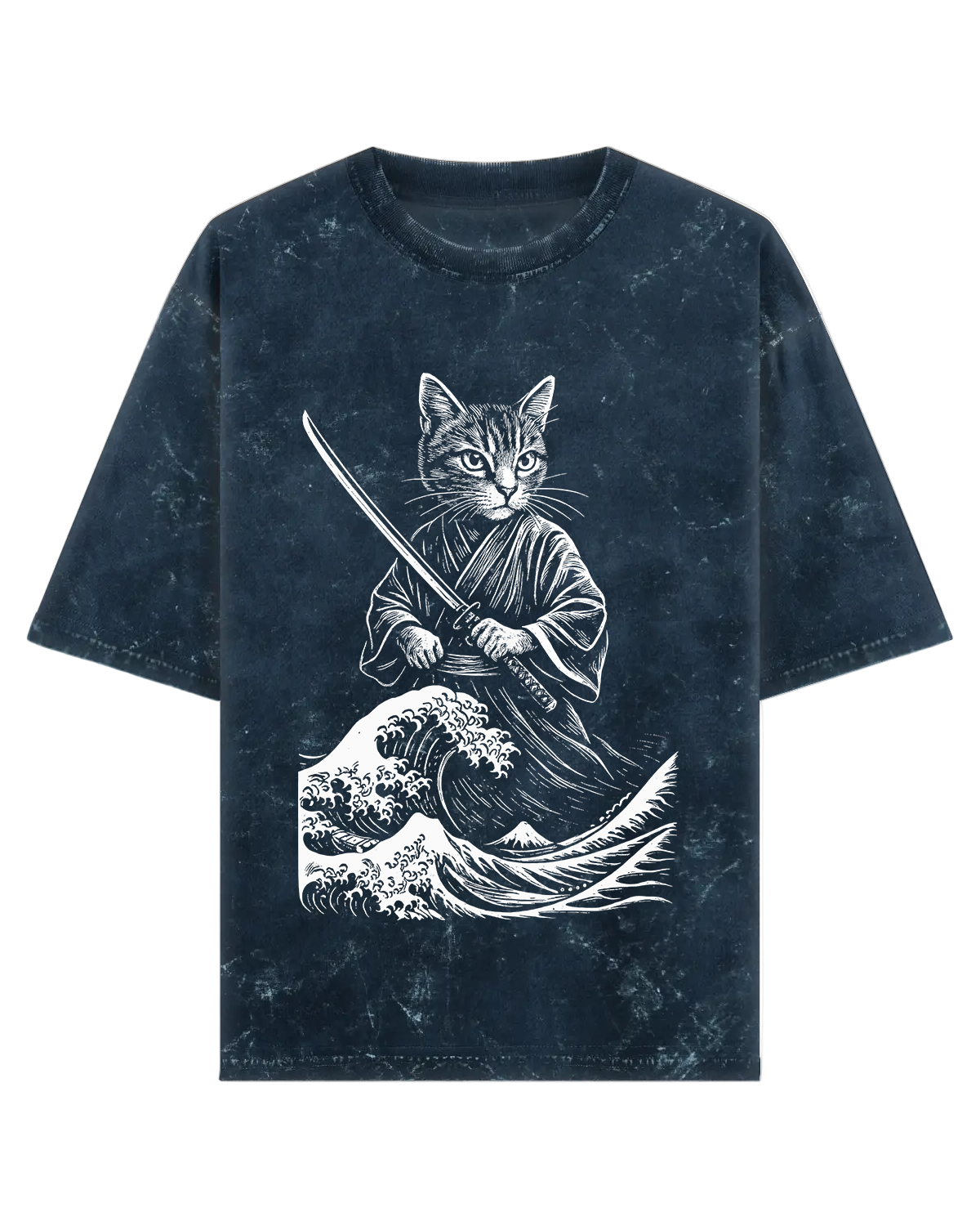 T-shirt with a cat in a samurai outfit and wave design on a white background