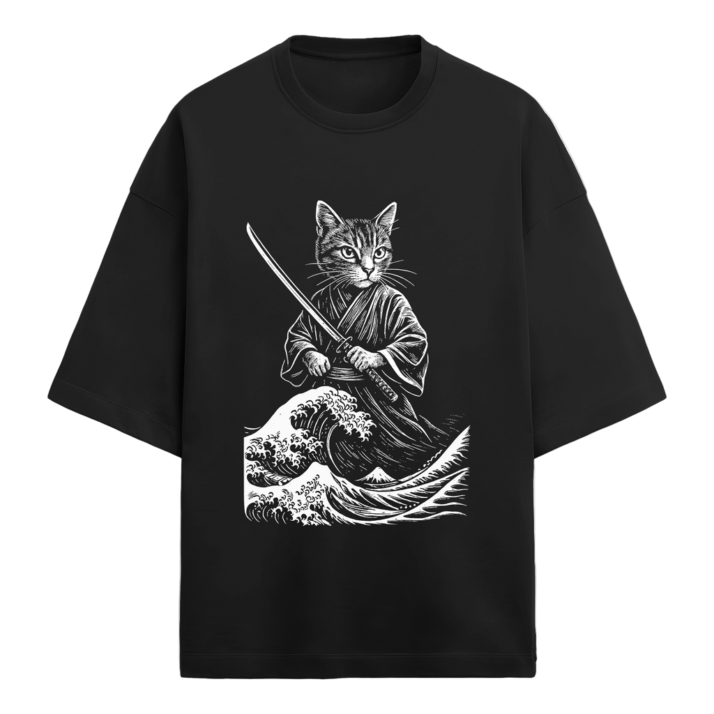 Black t-shirt with a graphic of a cat in a samurai outfit holding a sword and a wave in the background.