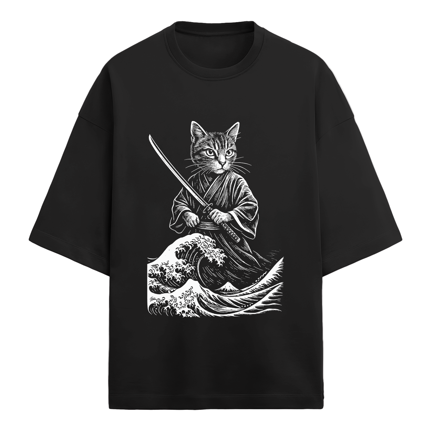Black t-shirt with a graphic of a cat in a samurai outfit holding a sword and a wave in the background.