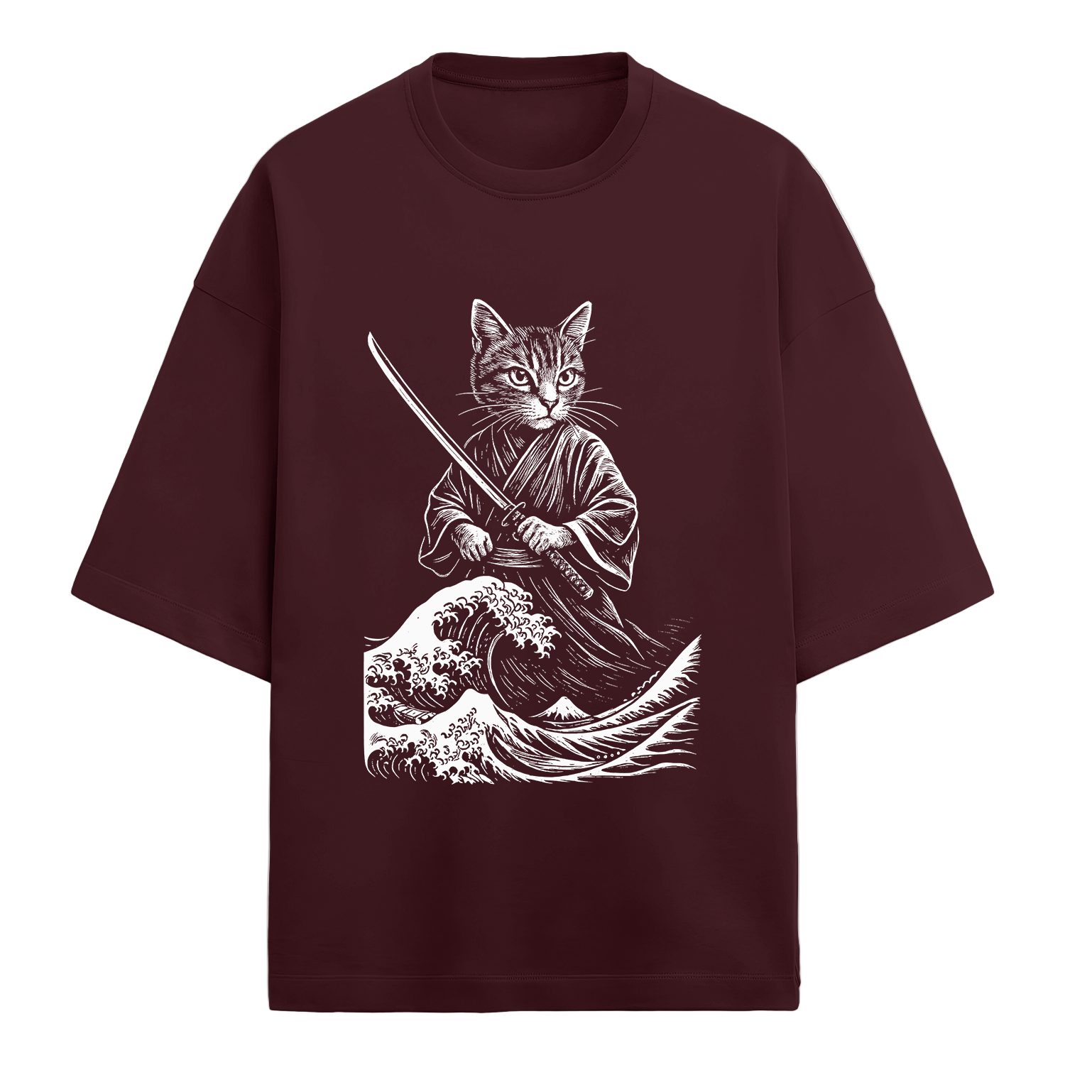 Maroon t-shirt with a graphic of a cat in a kimono holding a sword and a wave in the background.